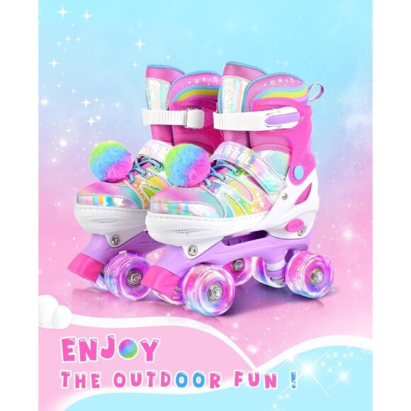 Kids Rose Red Rainbow Adjustable Light Up Roller Skates With Fluffy Pom Poms - Picture 2 of 9